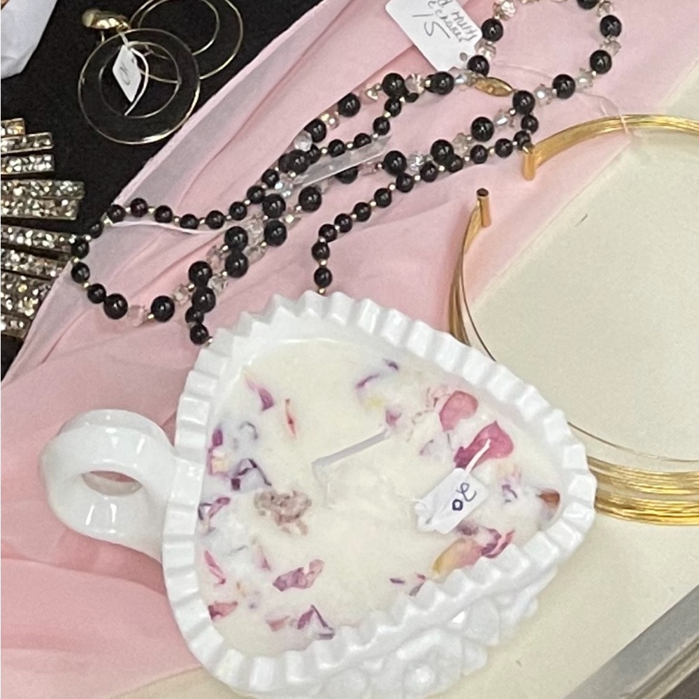 White Heart-Shaped milk glass Candle with Floral Accents